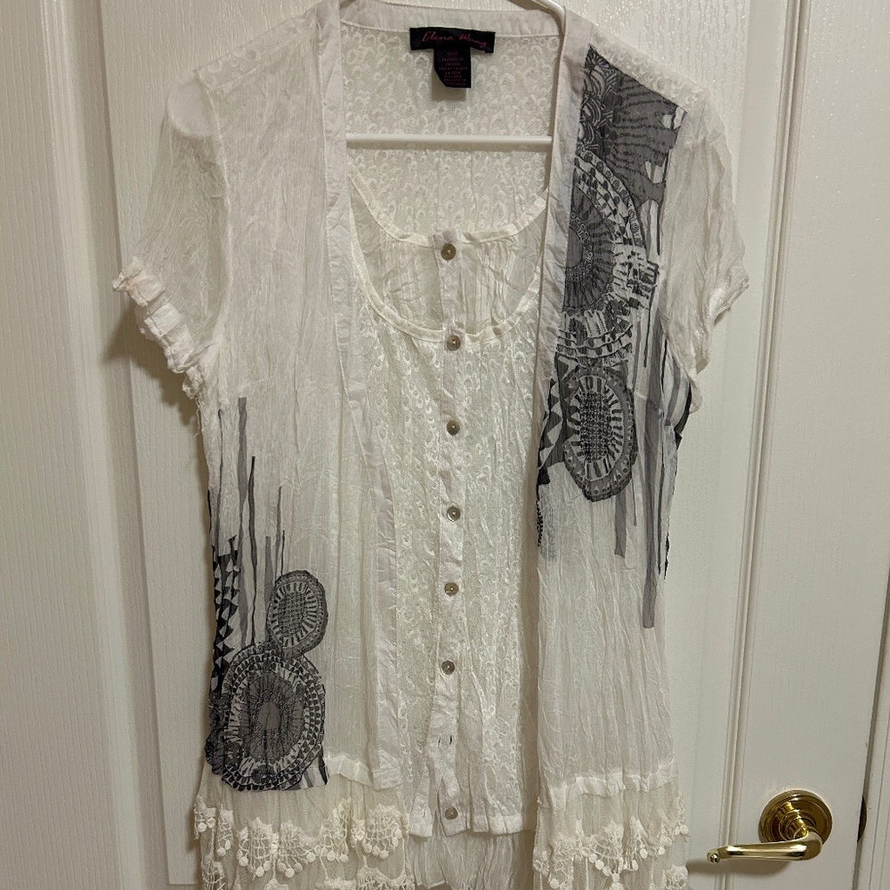 LIKE NEW! Women's Elena Wang Sheer Boho Lace White Layered Tunic - MEDIUM